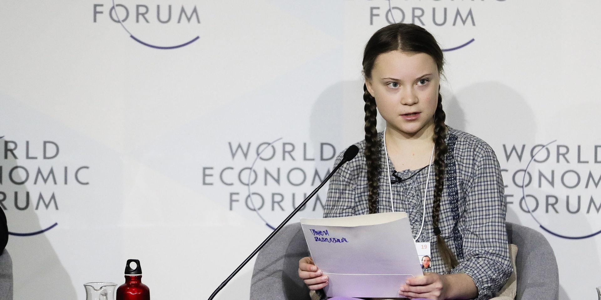Climate activist Greta Thunberg delivers her speech during a session of the World Economic Forum in Davos, Switzerland, Friday, Jan. 25, 2019. (AP Photo/Markus Schreiber)