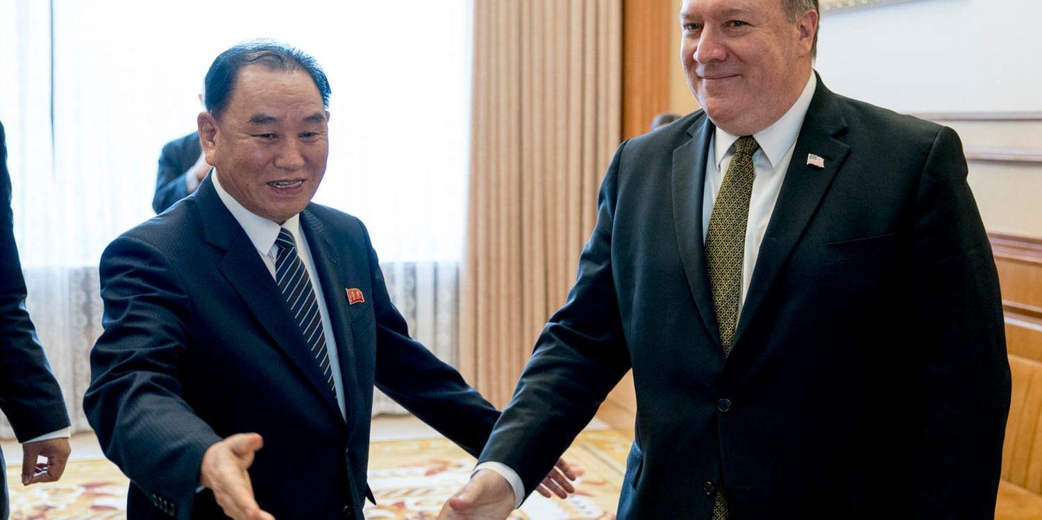 USA:s utrikesminister Mike Pompeo (till höger) och den högt uppsatte nordkoreanske politikern Kim Yong-Choi vid ett mötre i Nordkorea tidigare i år. Arkivbild.