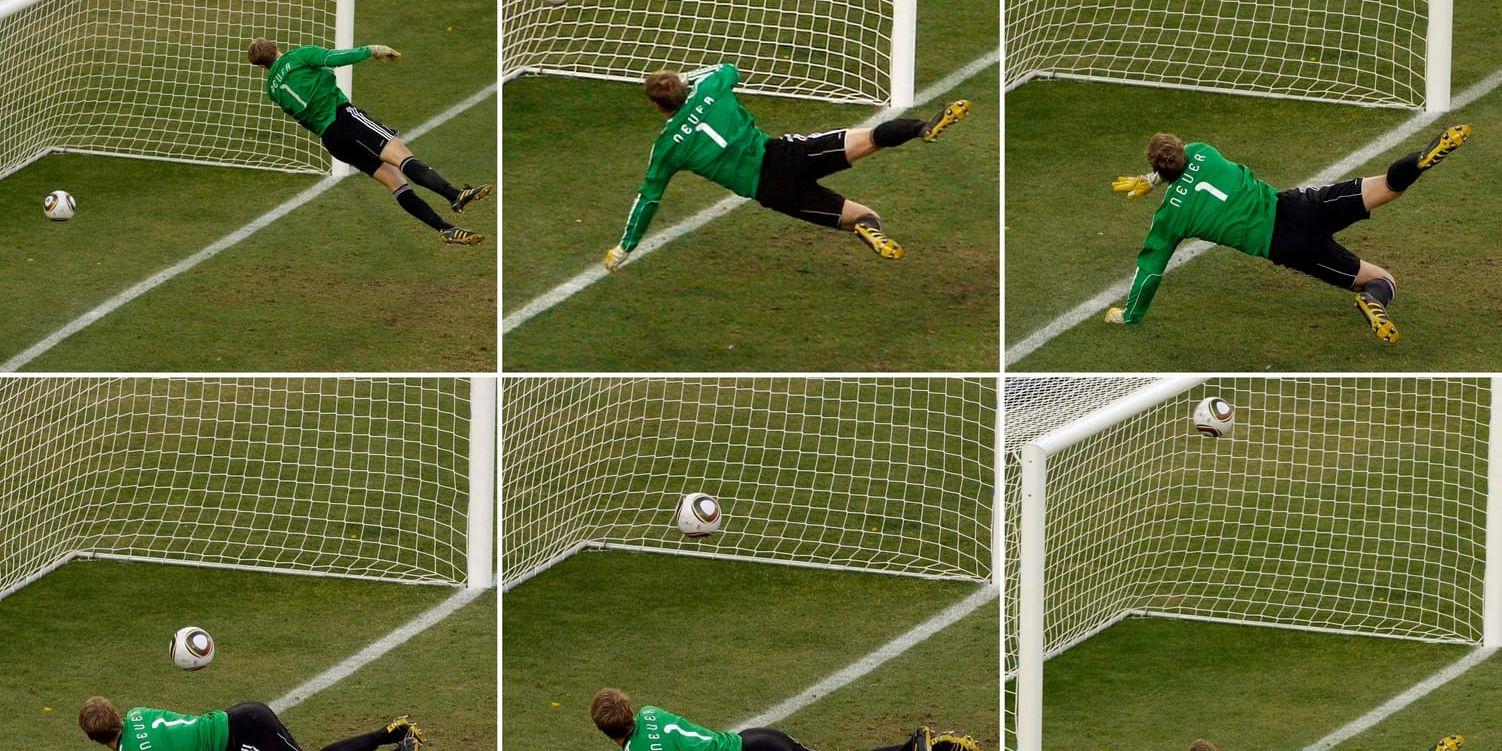 Sex ihopklippta bilder av situationen 2010, när den tyske målvakten Manuel Neuer ser Frank Lampards skott gå in - utan att det döms mål.