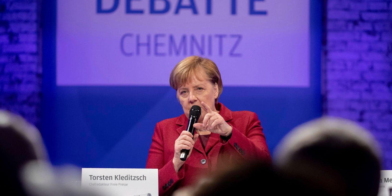 Tysklands förbundskansler Angela Merkel under en debatt i Chemnitz.