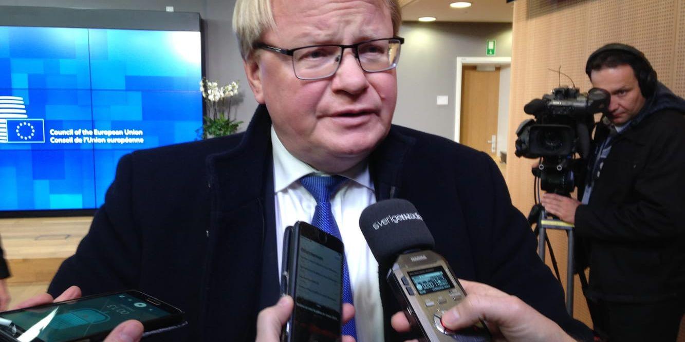 Försvarsminister Peter Hultqvist (S) på veckans försvarsministermöte i Bryssel.