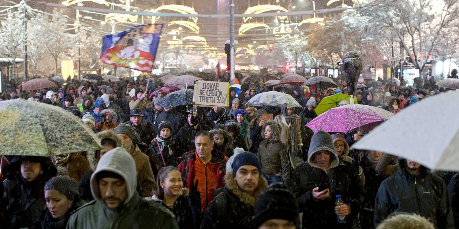 Oppositionsanhängare trotsade snö och kyla under demonstrationen i centrala Belgrad.