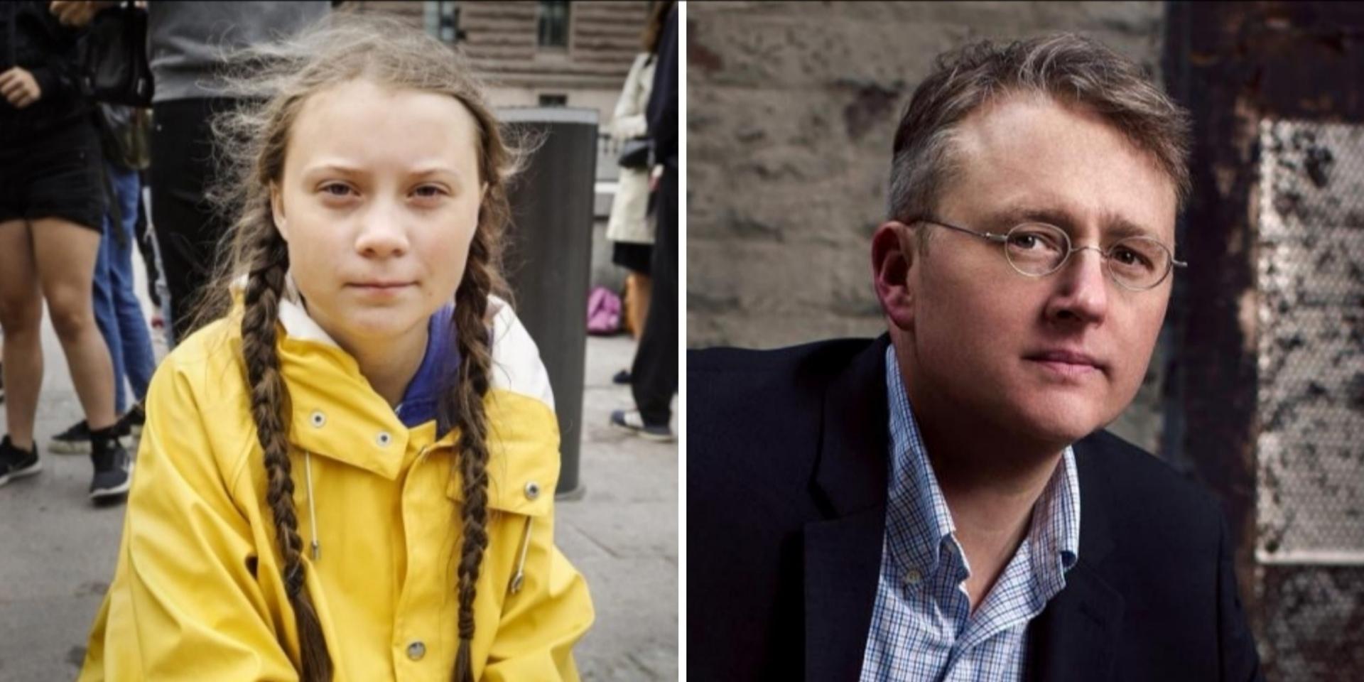 Till vänster: klimataktivisten Greta Thunberg, bild: Stefan Källstigen. Till höger: författaren Roy Scranton, bild: Soho Press 