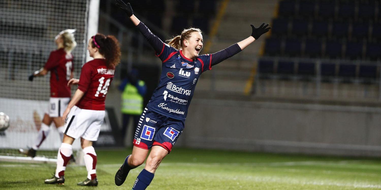 Kristine Minde jublar efter sitt 2–0-mål för Linköping. Nu är laget klart för kvartsfinal i Champions League.