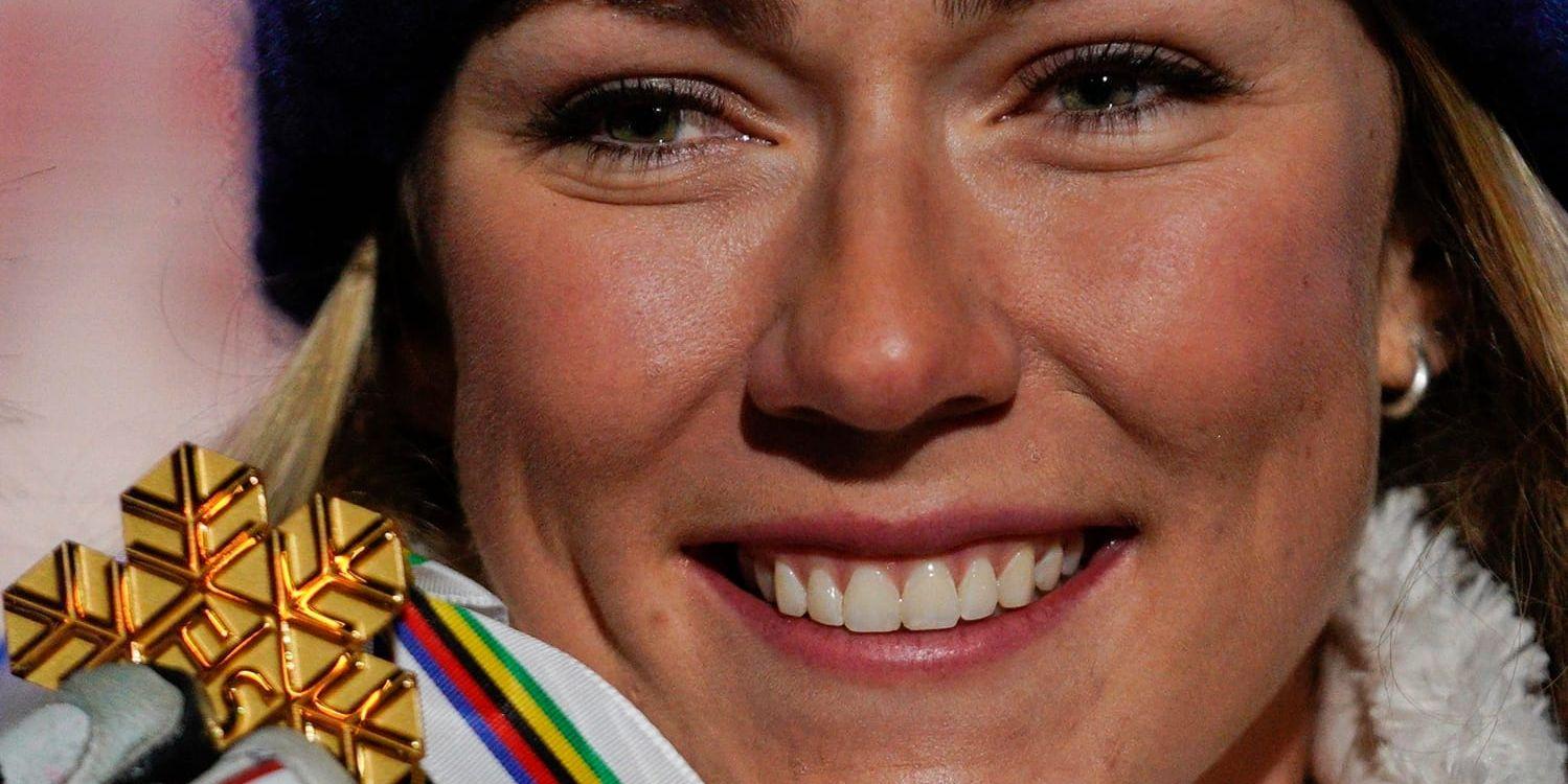 Mikaela Shiffrin med VM-guldet i slalom i Åre. Arkivbild.