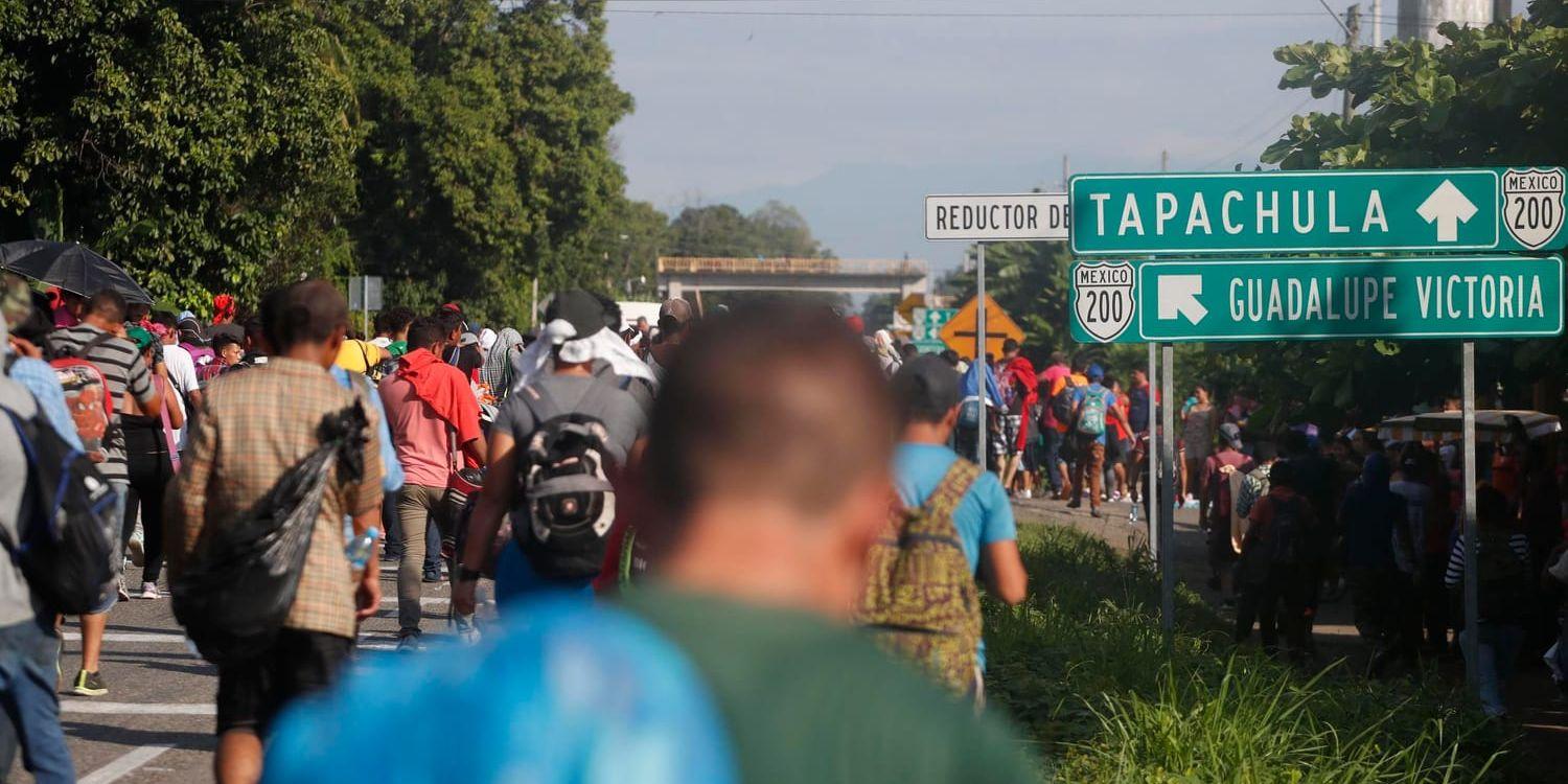 Honduranska migranter till fots på väg mot USA. Bilden är från i söndags i Ciudad Hidalgo i Mexiko.