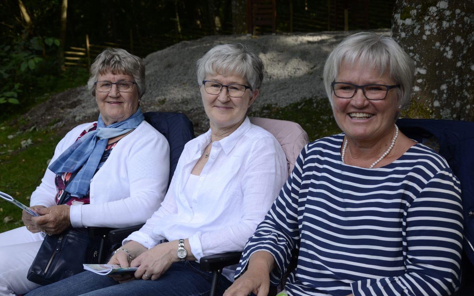 Sigbritt Johansson, Kerstin Johansson och Karin Jonsson hade hittat bra platser för de egna stolarna på grässlänten.