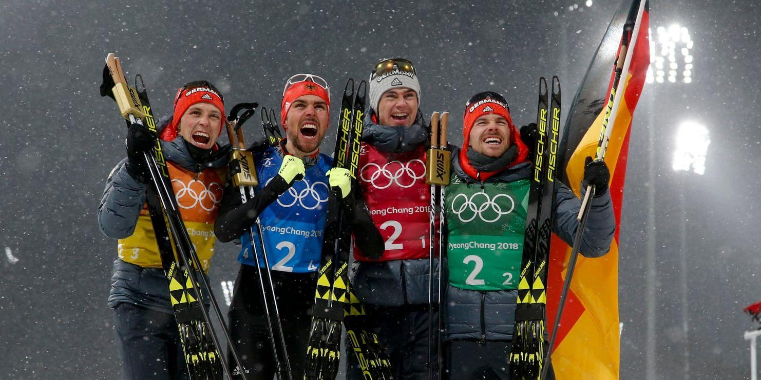 Tyskland tog alla guld i nordisk kombination. Eric Frenzel, Johannes Rydzek, Vinzenz Geiger och Fabian Riessle åkte hem lagguldet före Norge och Österrike.