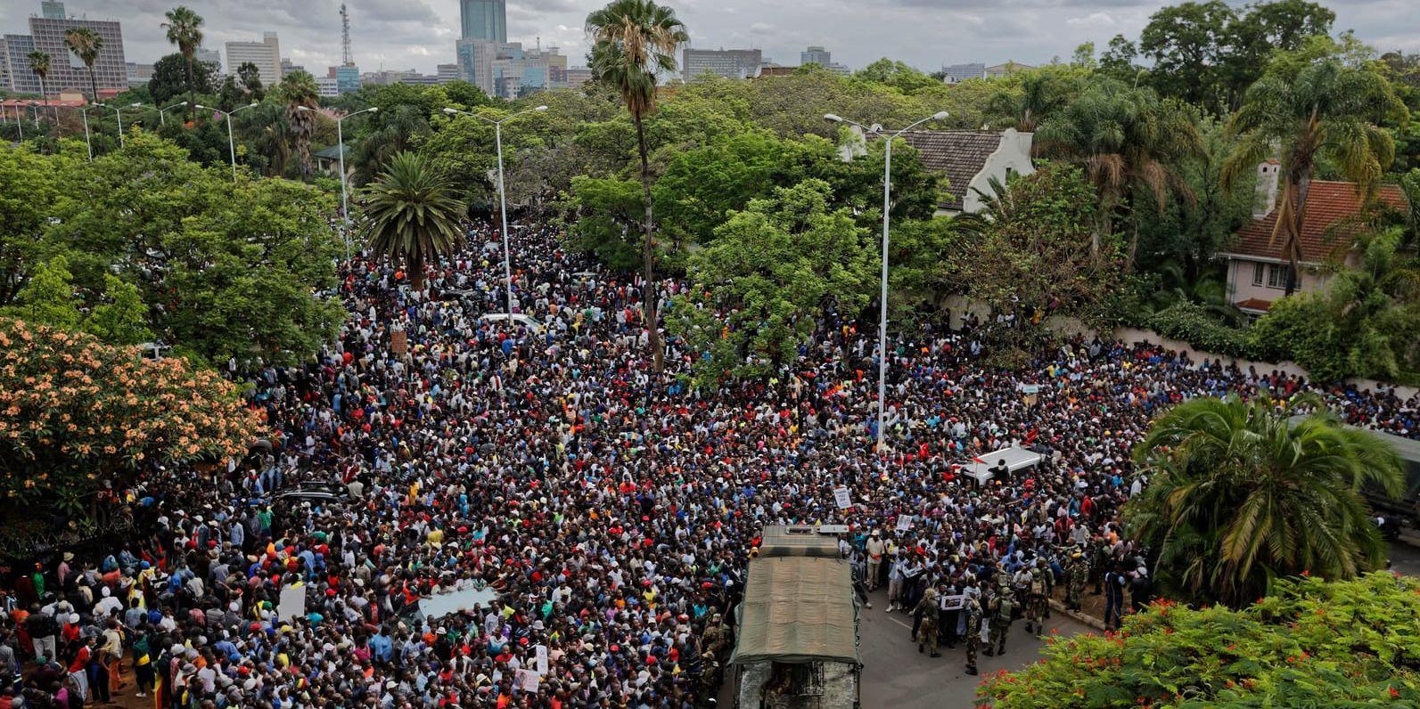 Några tusen demonstranter som försökte ta sig fram till president Robert Mugabes residens stoppades av militären.