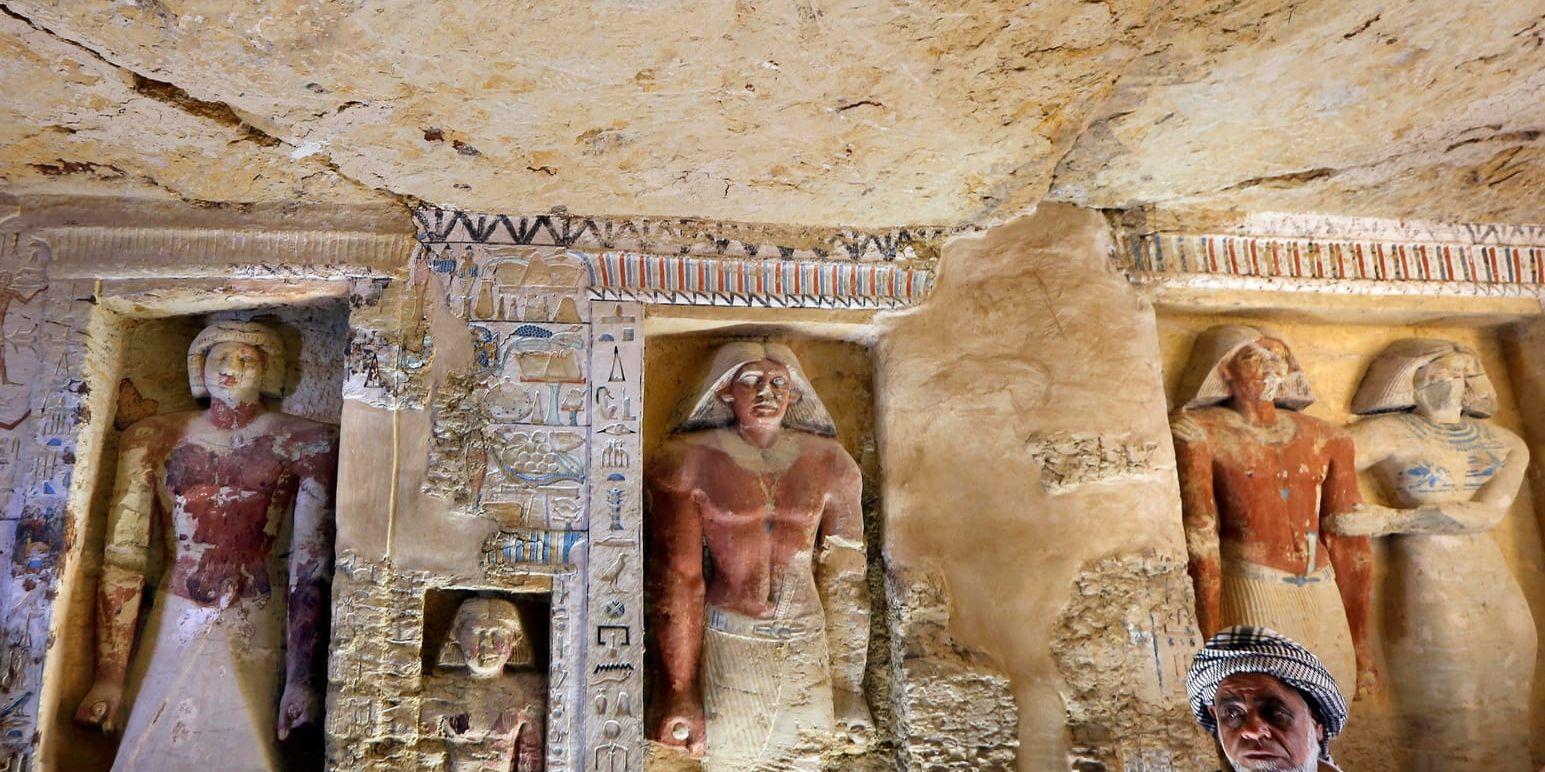 Egyptiska arkeologer har hittat en över 4 400 år gammal och rikt utsmyckad gravkammare för en kunglig överstepräst i ett pyramidkomplex i Sakkara söder om Kairo.