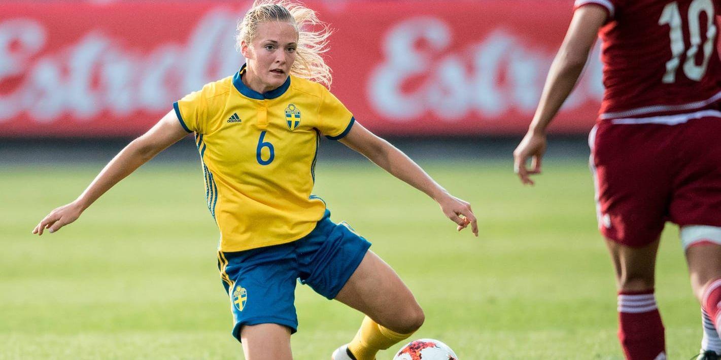 Sveriges Magdalena Eriksson under lördagens fotbollslandskamp mellan Sverige och Mexiko på Falkenberg Arena.