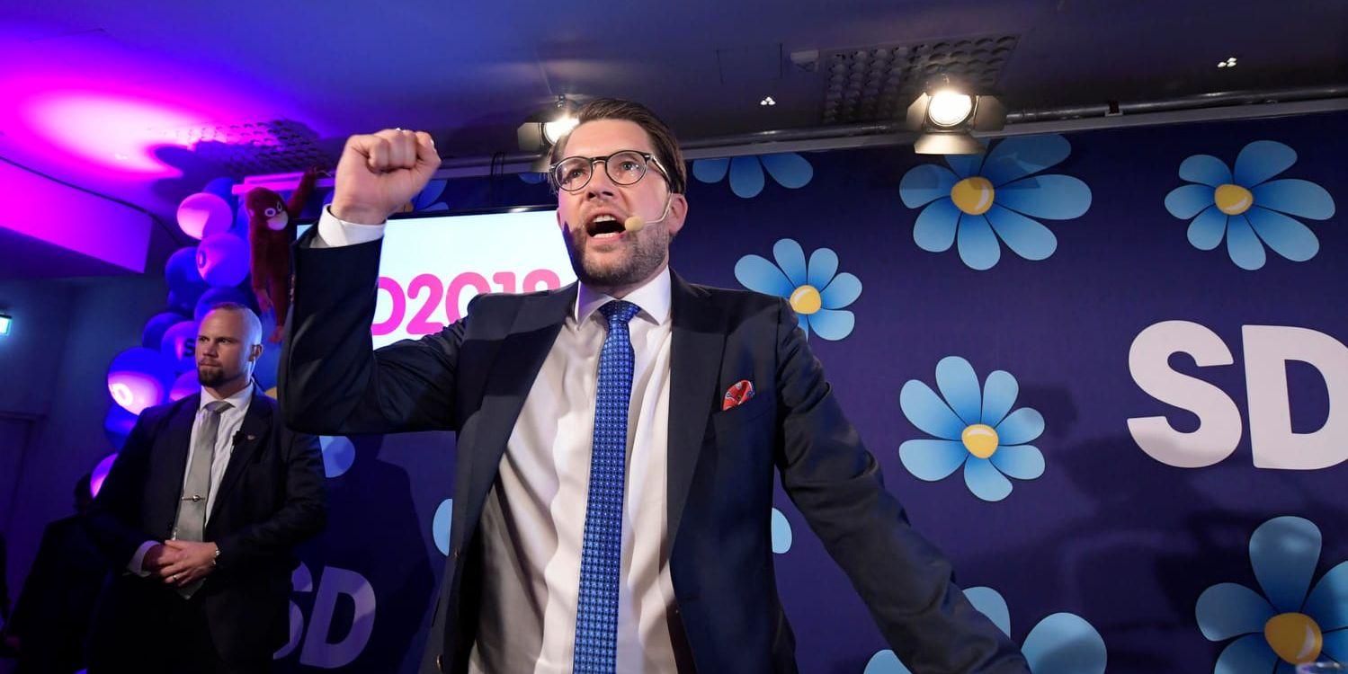 Sverigedemokraternas partiledare Jimmie Åkesson under partiets valvaka i Stockholm.