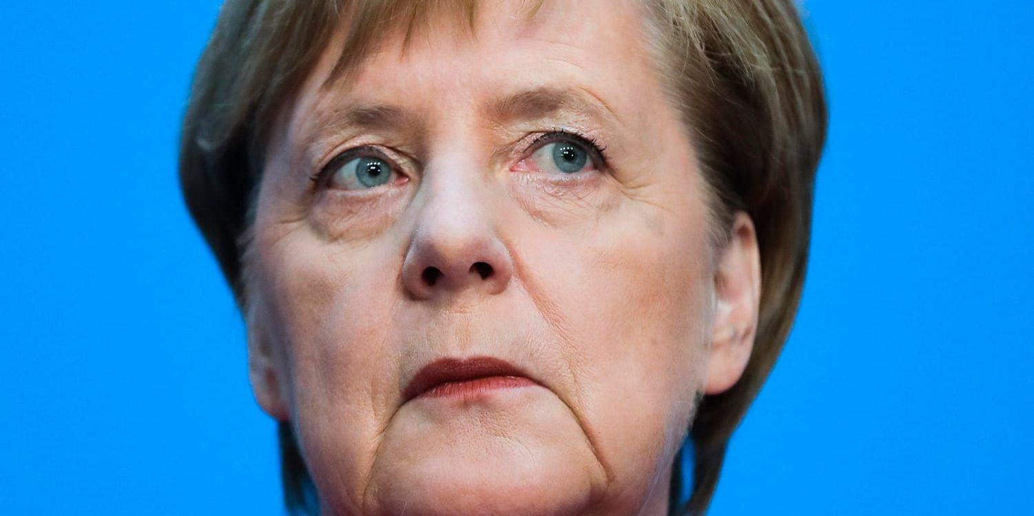 Angela Merkel på dagens presskonferens i Berlin.