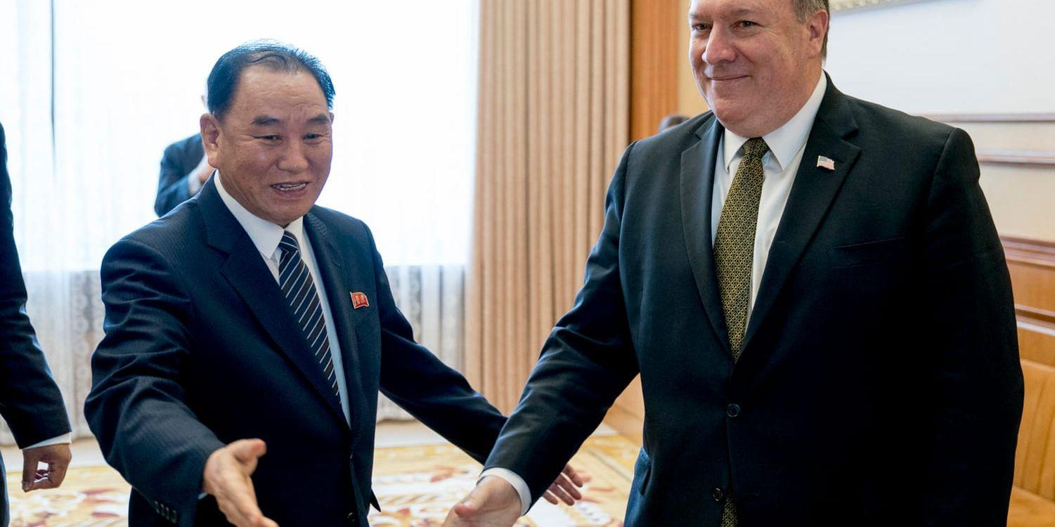 USA:s utrikesminister Mike Pompeo och den nordkoreanske politikern Kim Yong-Chol vid ett möte i Pyongyang i juli förra året.