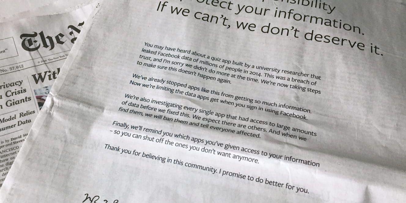 Facebook bad om ursäkt i söndags, bland annat via helsidesannonser i tidningarna – här i New York Times.
