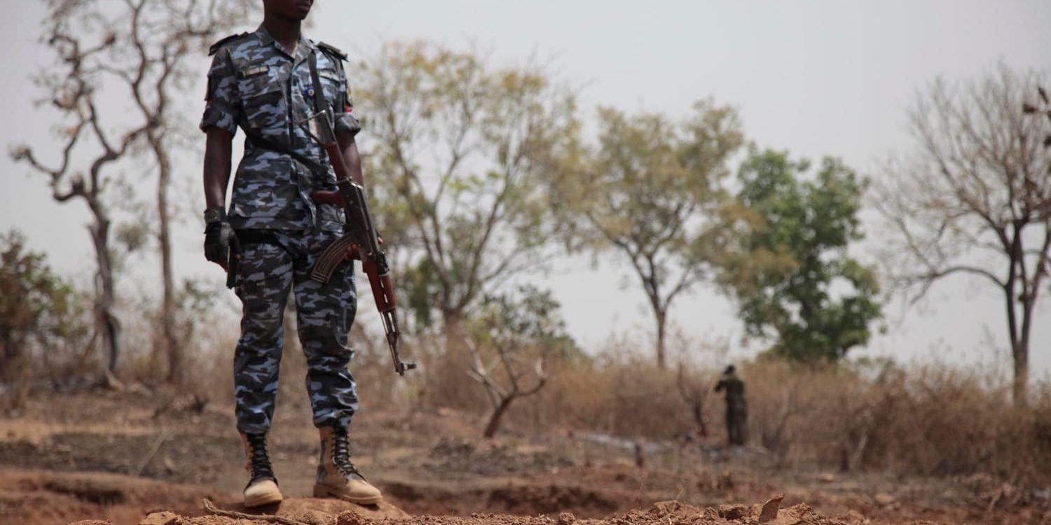 En soldat på platsen där två tyska arkeologer kidnappades i Nigeria för snart ett år sedan. Nu har fyra utlänningar kidnappats i samma region. Arkivbild.