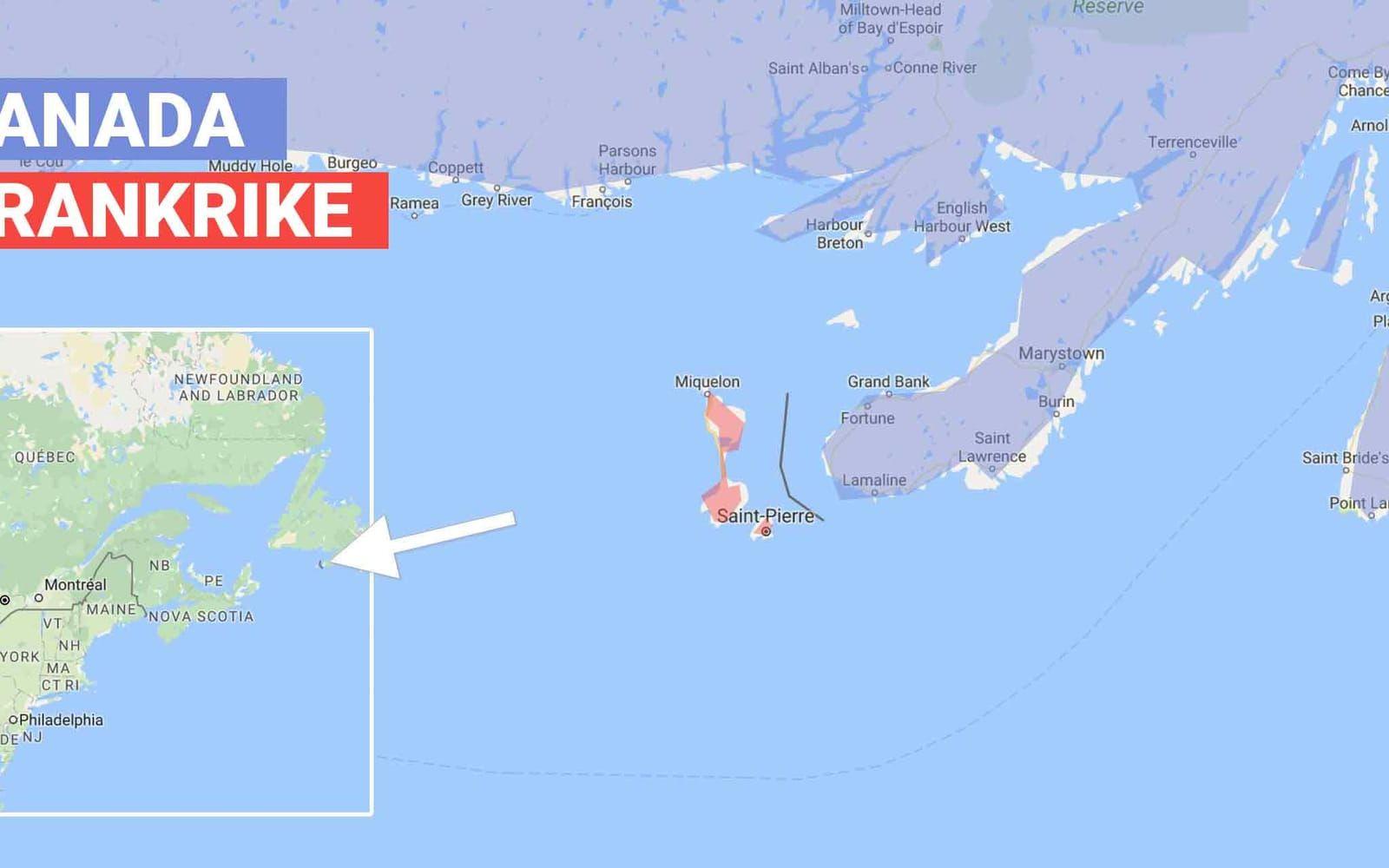 <strong>Saint Pierre et Miquelon</strong> är en liten ö som ligger strax utanför kanadas New Foundland. Ön tillhör Frankrike.