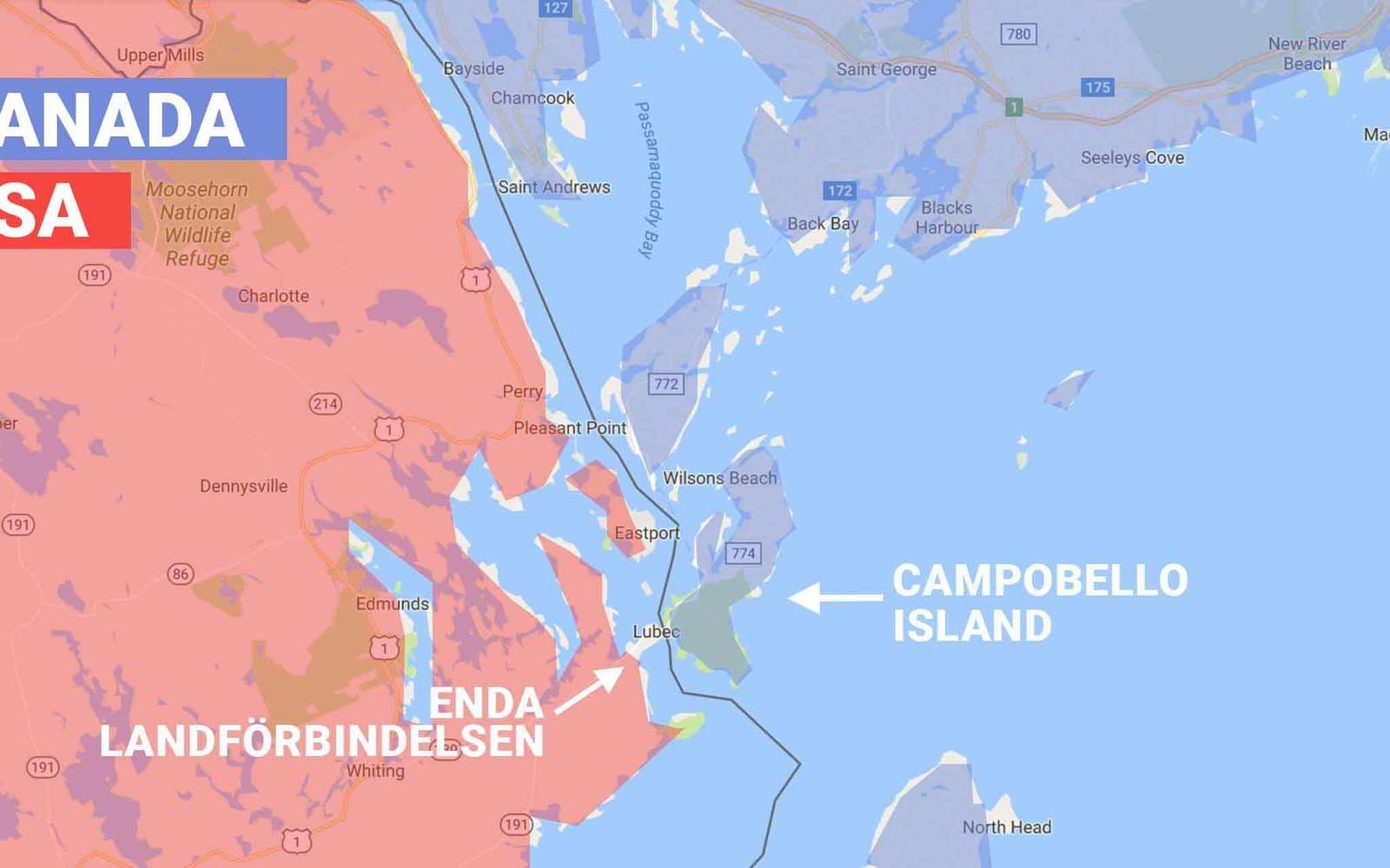 <strong>Campobello Island.</strong> Kanadensiska halvön Campobello Island har liknande problem då enda landvägen går genom USA. Det bor lite drygt 900 personer på ön.