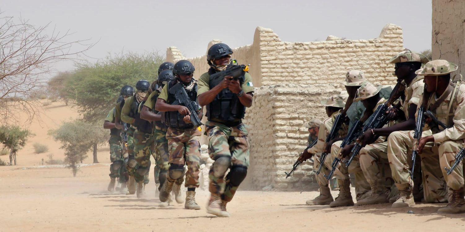 Nigerianska säkerhetsstyrkor under träning tillsammans med styrkor från grannlandet Tchad. Arkivbild.