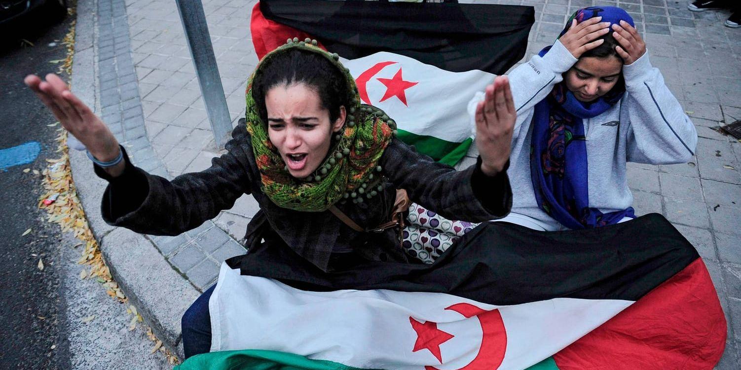 Västsaharier protesterar vid den marockanska ambassaden i Madrid, Spanien. Arkivbild.