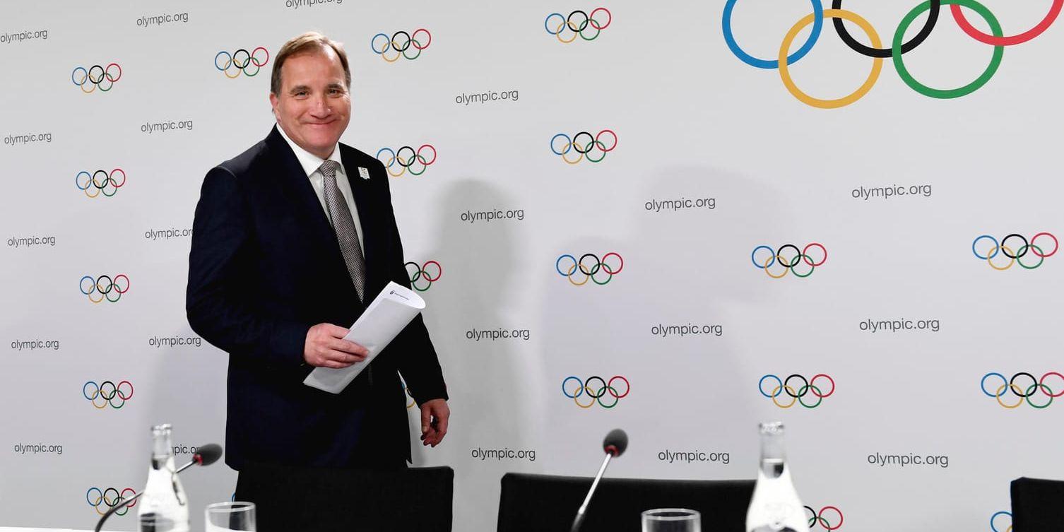Stefan Löfven på pressträffen inför omröstningen om vilken nation som tilldelas vinter-OS 2026.