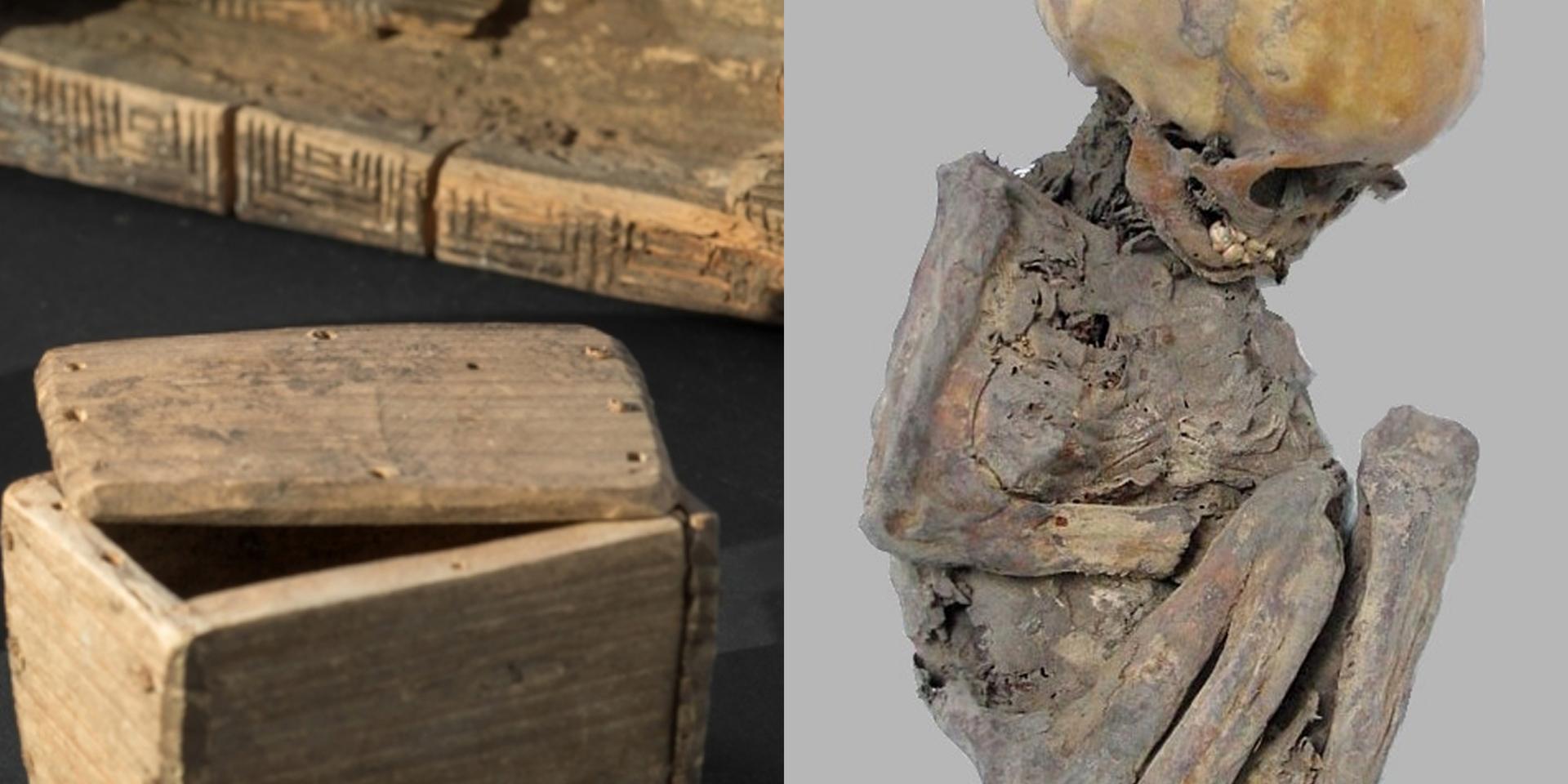 Bilden visar fosterkistor av de slag som hittats i exempelvis svenska kyrkomurar, samt ett mumifierat barnskelett. (Bilderna visar inte fyndet från Gällared, som nu åter ska begravas.) 