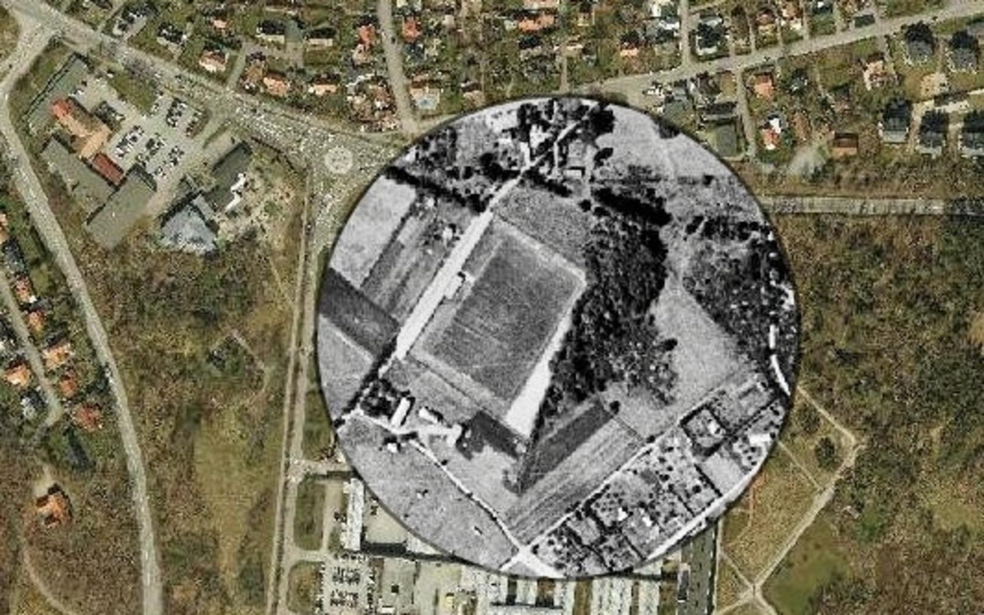 Träslövs IP i ett flygfoto från 1963 med 2020 års flygfoto som grund. Då hade arenan fem år på sig innan sjukhuset uppfördes.
