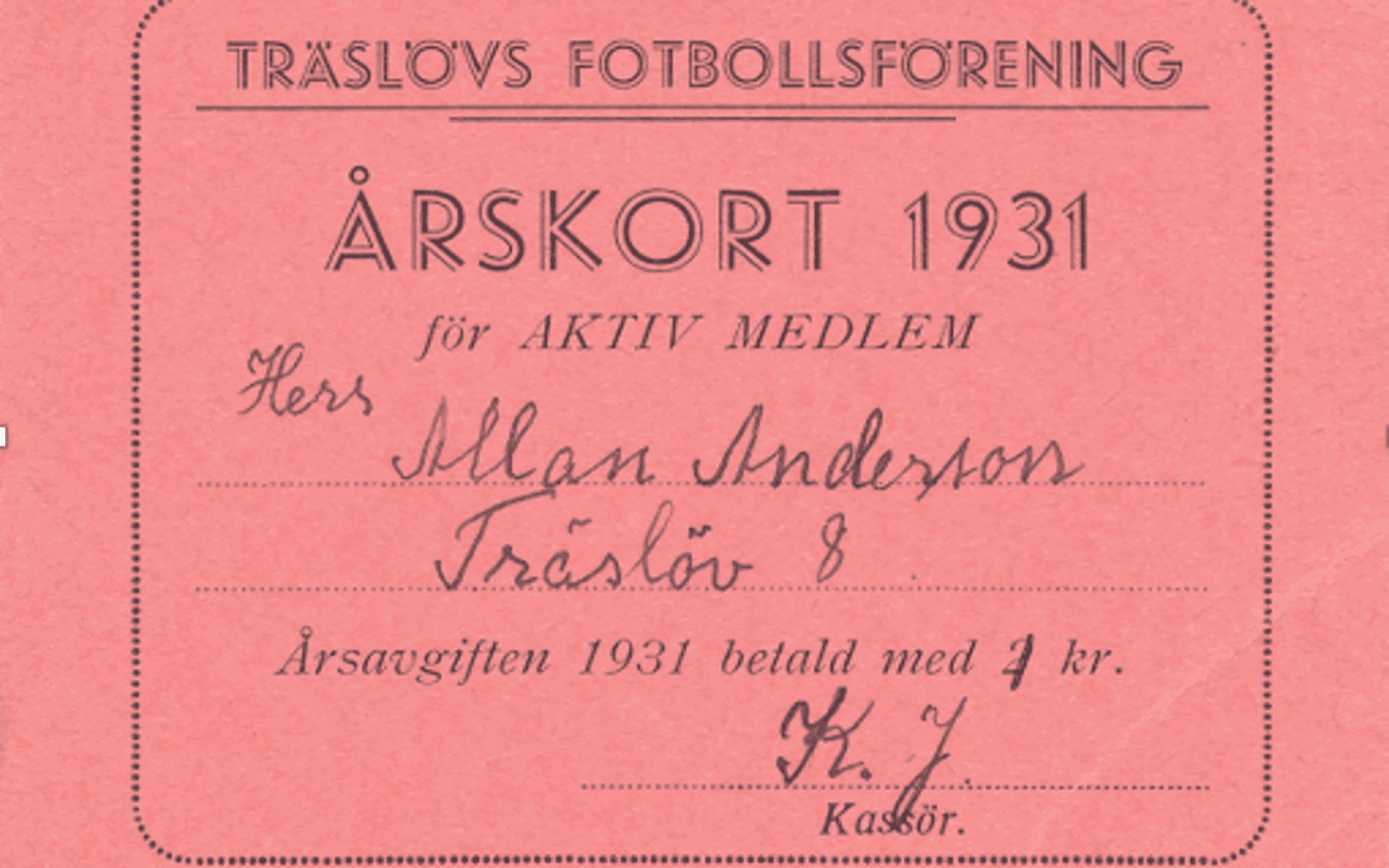 Allan Carlssons medlemskort under premiäråret 1931.