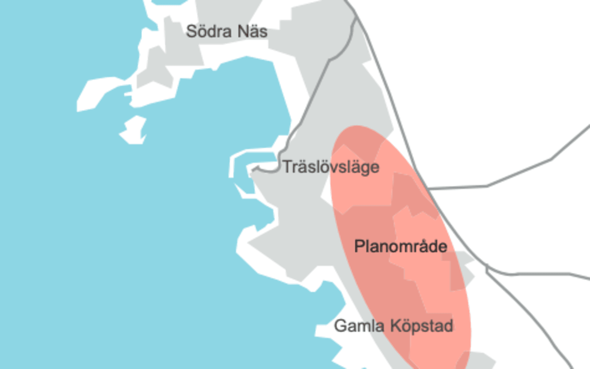 Karta över området som omfattas av planprogrammet för Gamla Köpstad och östra Träslövsläge.
