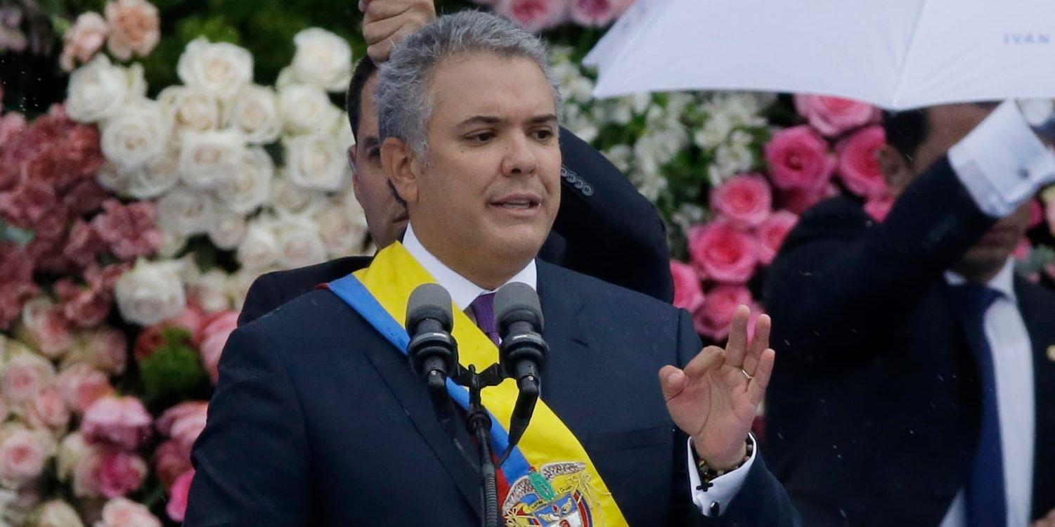 Iván Duque vid tillträdesceremonin i Bogotá på tisdagen.