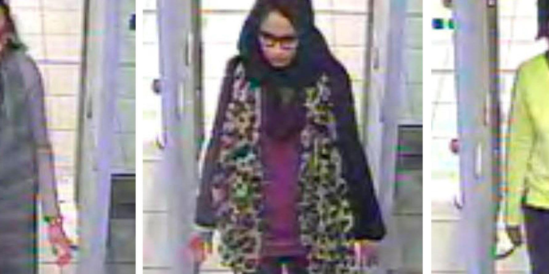 Shamima Begum på polisens övervakningsbild från 2015 när hon lämnar Storbritannien. Arkivbild.