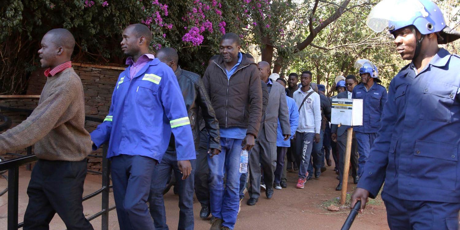Oppositionella som gripits vid partiet MDC:s högkvarter i huvudstaden Harare förs till domstol på lördagen.