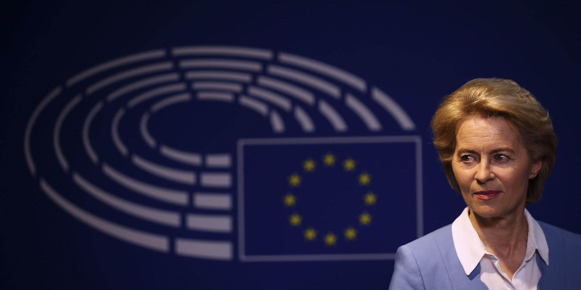 German Defense Minister and candidate for European Commission President Ursula von der Leyen listens to new elected President of the European Parliament David Sassoli during a joint statement after their meeting at the European Parliament in Brussels, Wednesday, July 10, 2019. European Parliament groups are grilling the German candidate for European Commission president before they take a vote on her appointment next week. (AP Photo/Francisco Seco)
