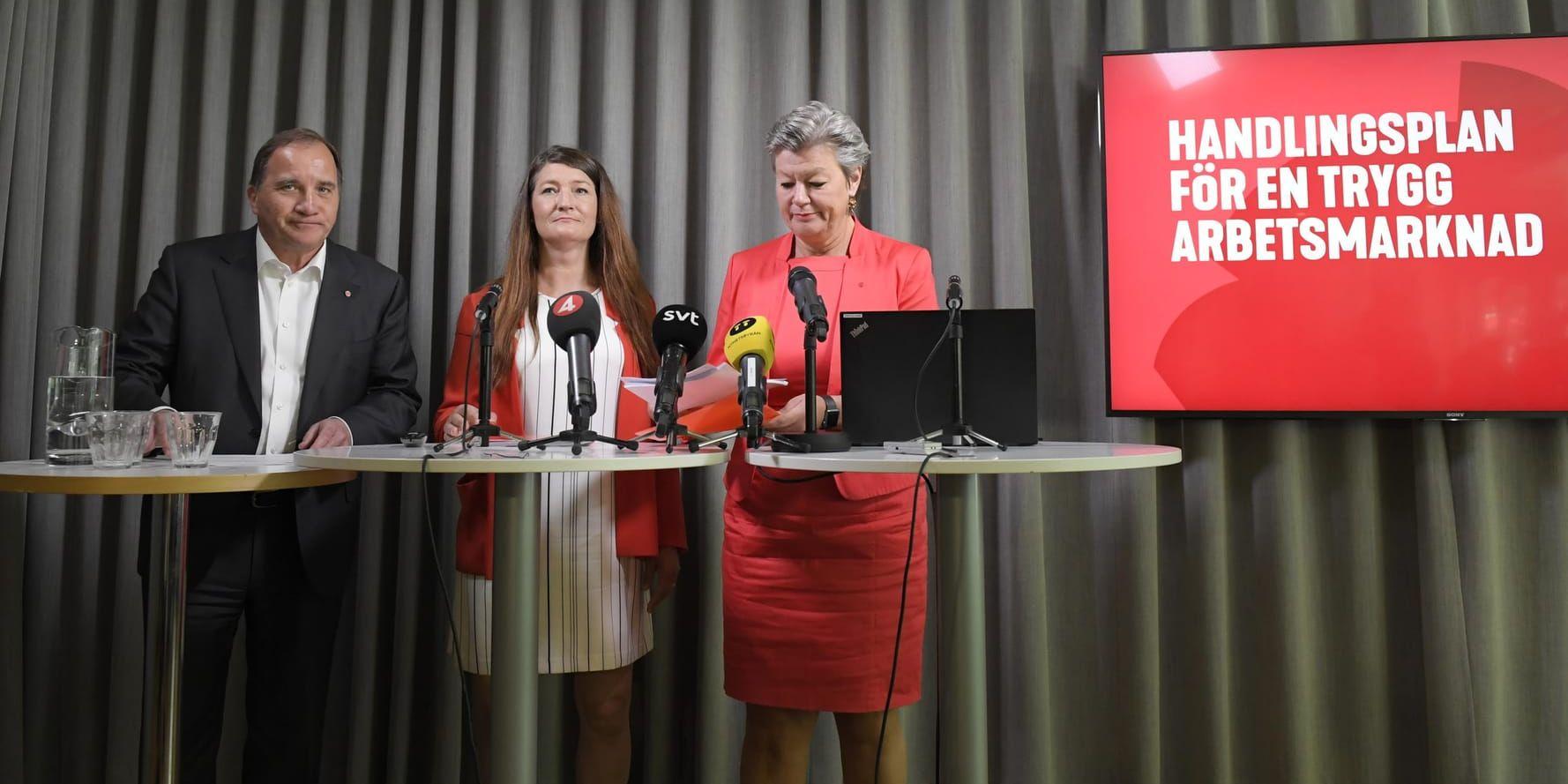 Socialdemokraternas partiledare Stefan Löfven, Susanna Gideonsson, suppleant i Socialdemokraternas verkställande utskott och ordförande för Handelsanställdas förbund och arbetsmarknadsminister Ylva Johansson.