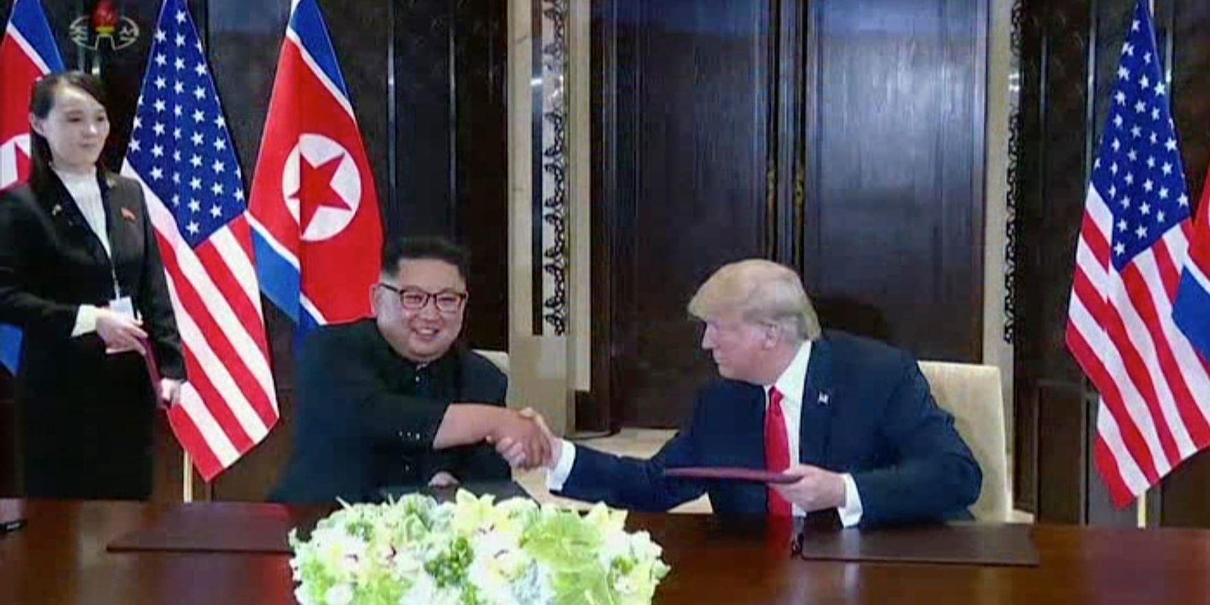 Nordkoreas ledare Kim Jong-Un vid toppmötet med USA:s president Donald Trump den 12 juni. Kim Jong-Un har nu bett om ett nytt möte med Trump.