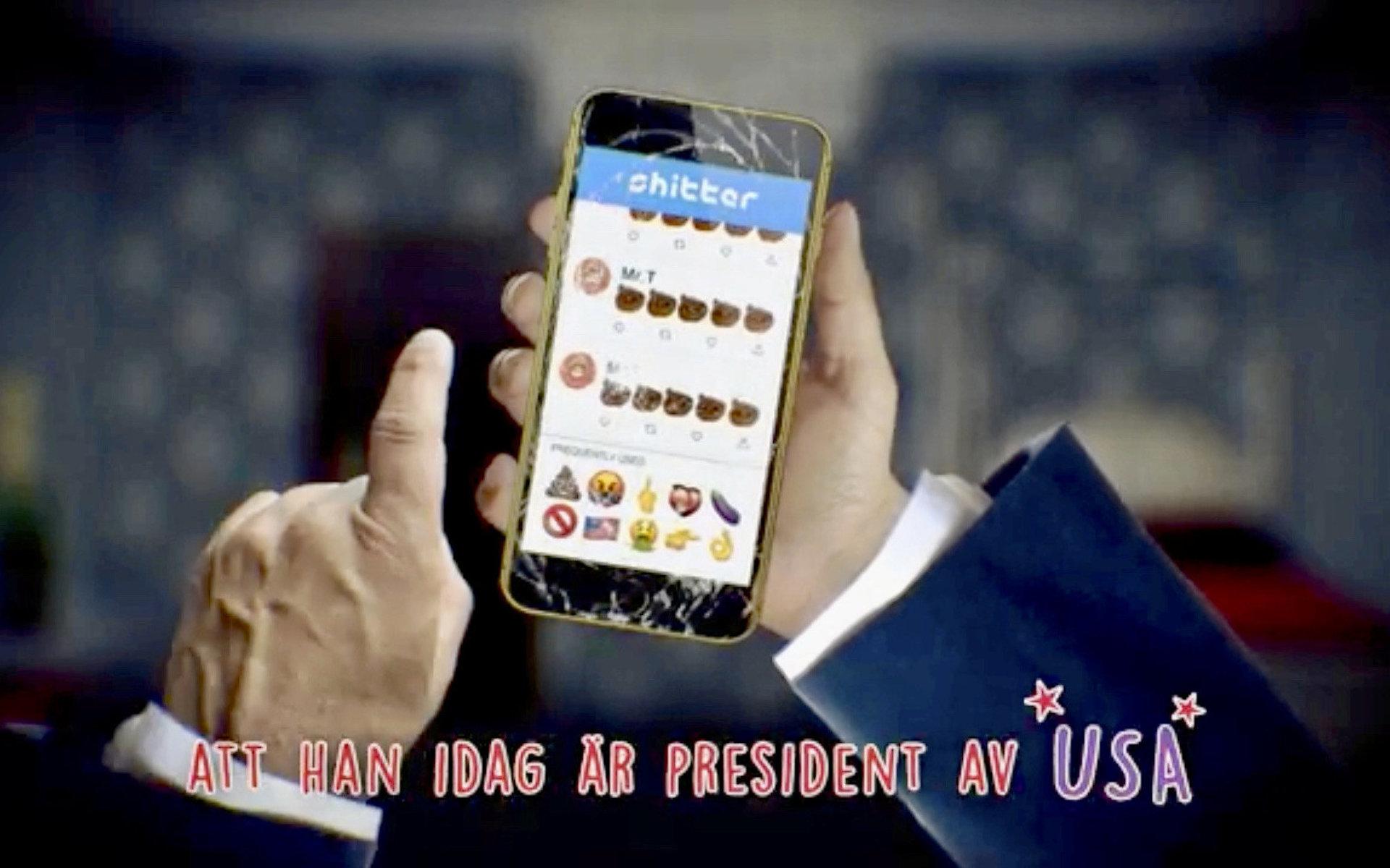 I videon skickar Trump ut bajs-emojis på ”Shitter”. Bild: Jim Nedergård