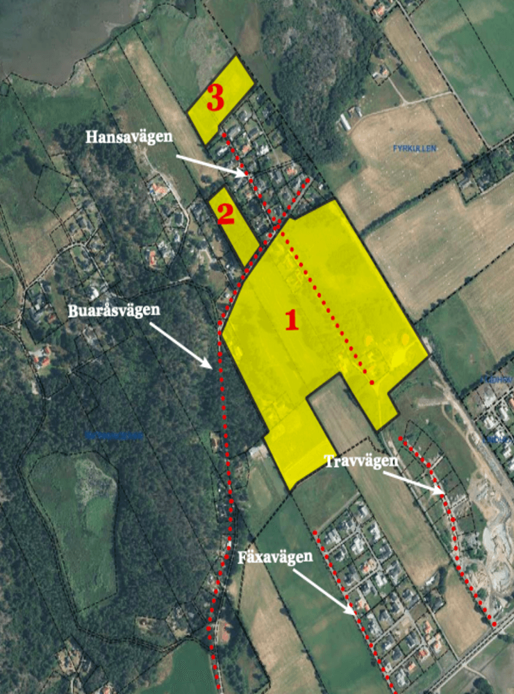 De gula områdena markerar var det nya detaljplaneförslaget gäller. Detaljplanen förbereder för 70 nya bostäder.