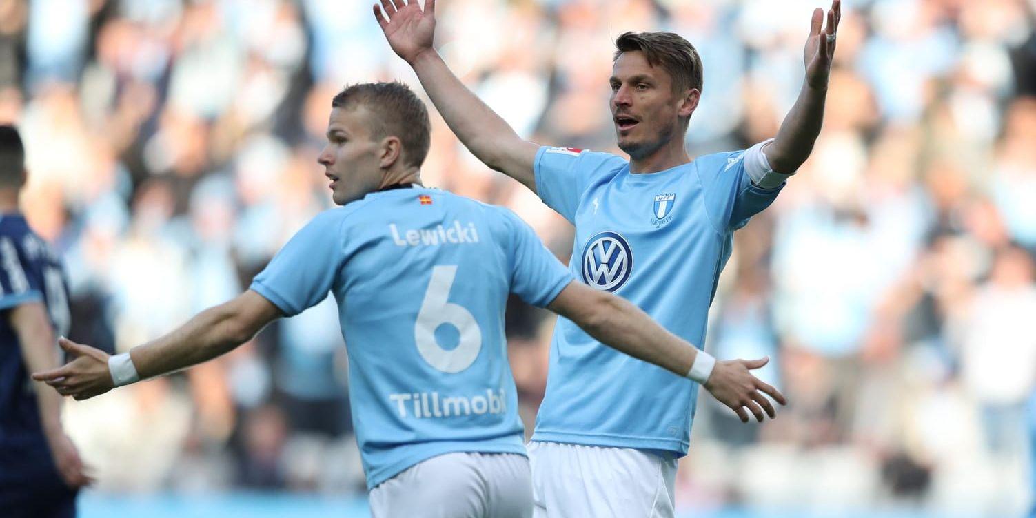 Oscar Lewicki och Markus Rosenberg är bland de få spelarna i Malmö FF med minne av fjolårets kvaldebacle mot FK Vardar. Arkivbild.