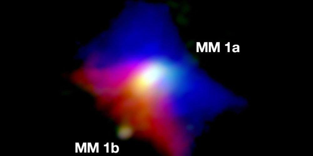 Ur den skiva av gas och stoft som cirkulerar runt en äldre stjärna, MM 1a, har forskarna sett hur en annan, betydligt yngre, stjärna har fötts (MM 1b). Processen liknar den när planeter, däribland vår egen jord, bildas.