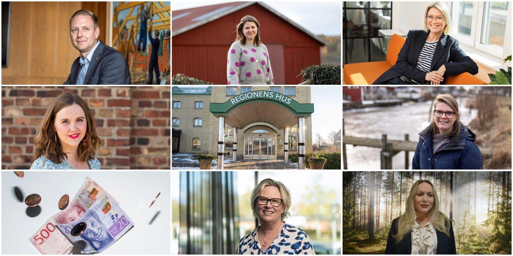 Ett kollage med bilder av sju partiers förstanamn, sex kvinnor och en man. En bild på Regionens hus och en på sedlar och mynt.