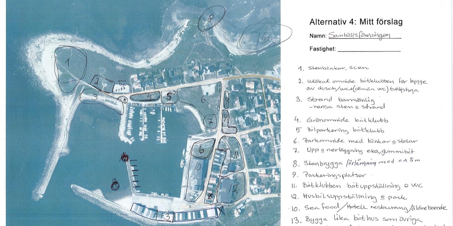 På bilden delar av samhällsföreningens förslag för Glommens hamn, där nr 10 visar var hotellet planeras.