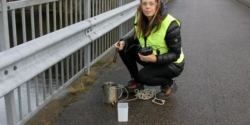 Ny metod. Med den nya utrustningen kan Ewa-Karin Åhsberg mäta vattenkvaliteten snabbare och lättare. Här på bron över kraftverkskanalen i Hyltebruk.