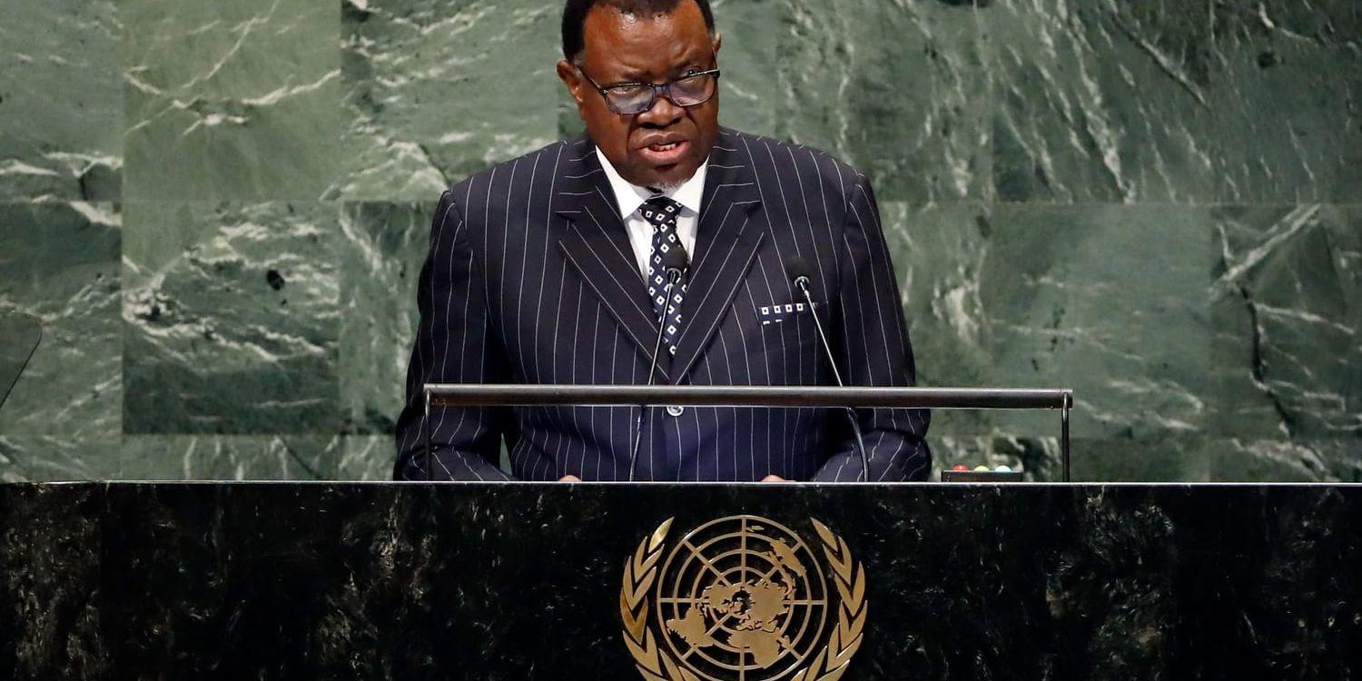 Namibias president Hage Geingob under ett tal inför FN:s generalförsamling. Arkivbild.