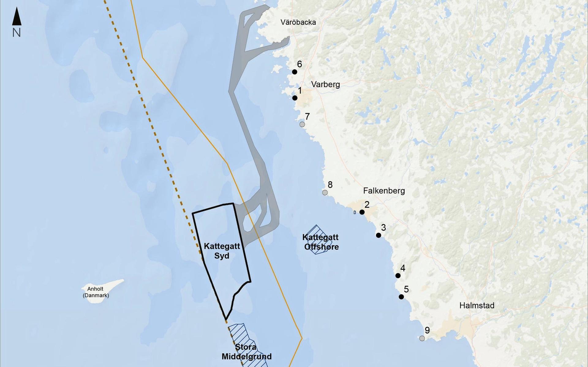 Karta över Kattegatt Syd utanför Varberg och Falkenbergs kust. De grå fälten i havet markerar den tänkta exportkabeln. 