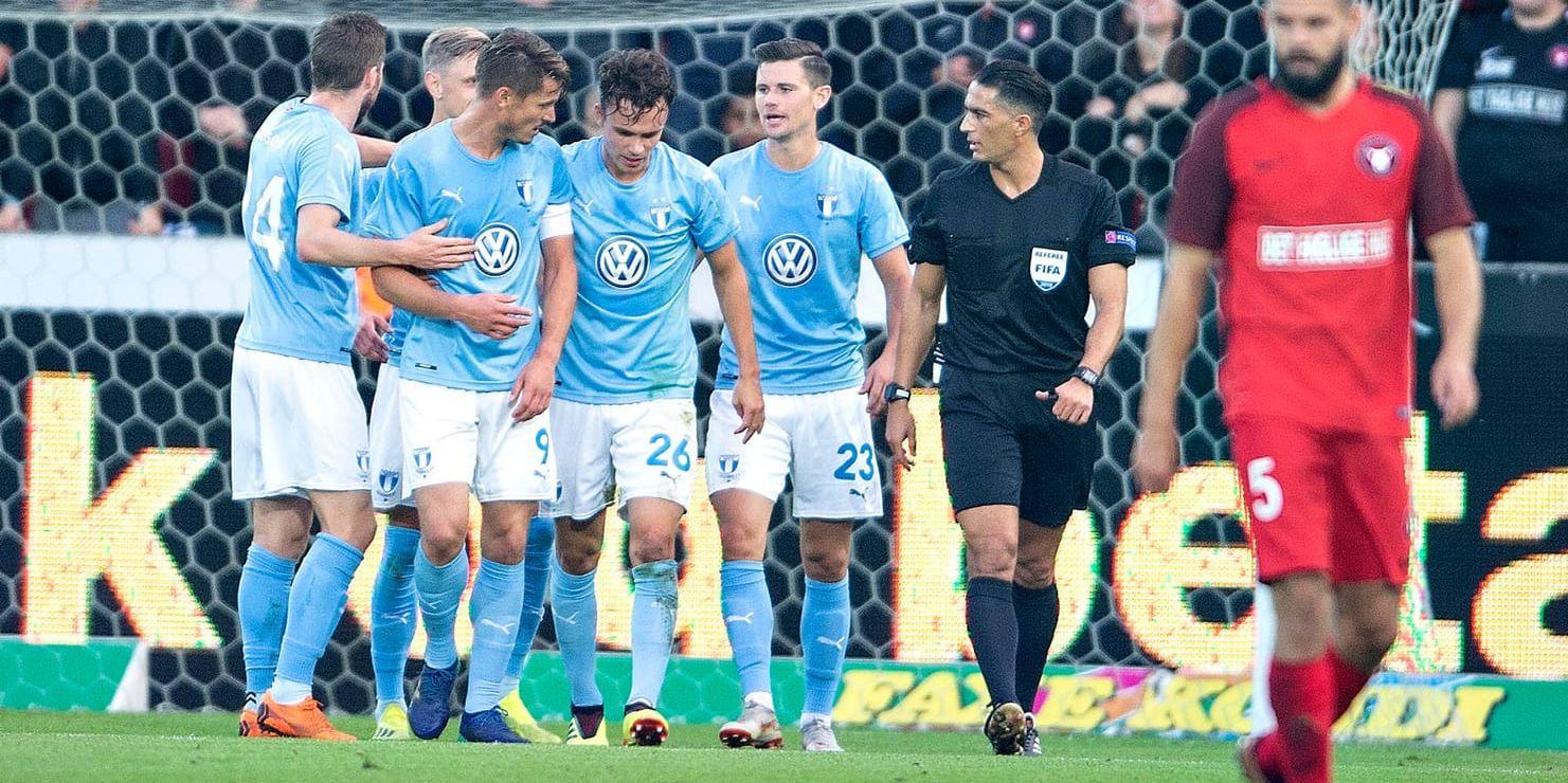 Marcus Antonsson, nummer 23, gav Malmö FF ledningen i bortamötet med Midtjylland. Med 2–0-segern är klubben klart för gruppspelet i Europa League.