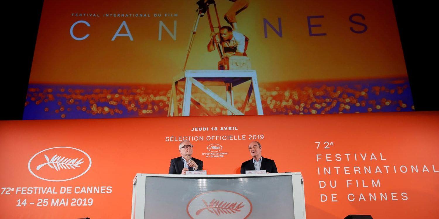 Svenska Elin Övergaards film "Ingen lyssnar" kan vinna en Guldpalm i kortfilmsektionen på filmfestivalen i Cannes. På bilden festivalcheferna Thierry Fremaux och Pierre Lescure.