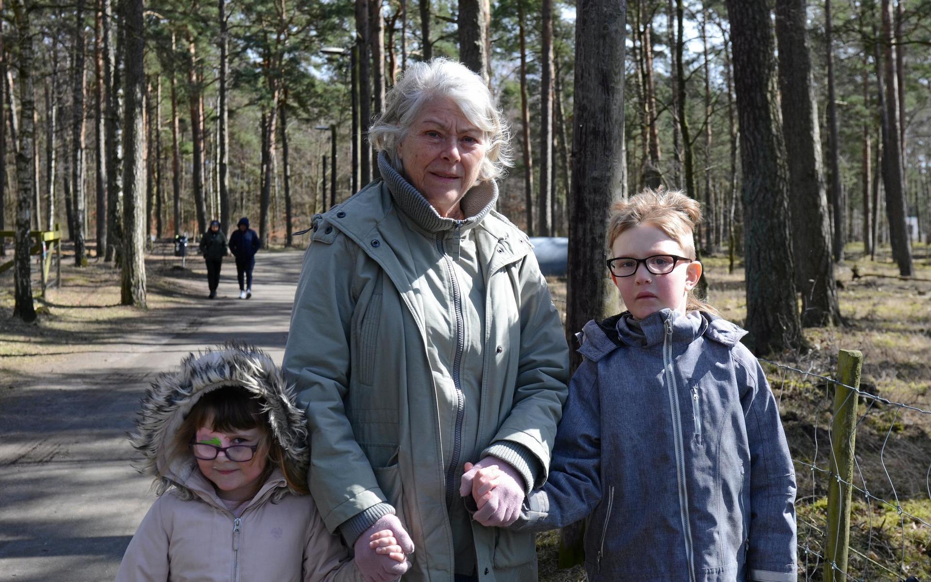 Gun Sollenius med barnbarnen Freja Sollenius, 4 år, och Johan Sollenius, 7 år.