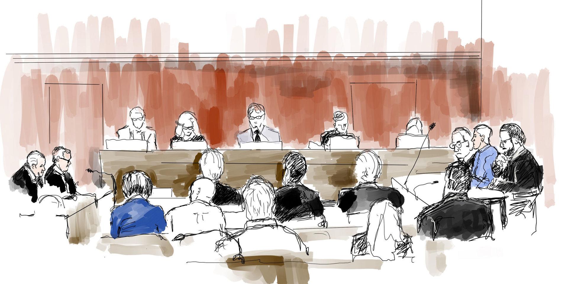 Illustration från rättssalen, under huvudförhandlingen i målet mot poliserna som åtalas för brott efter dödsskjutningen av Eric Torell.