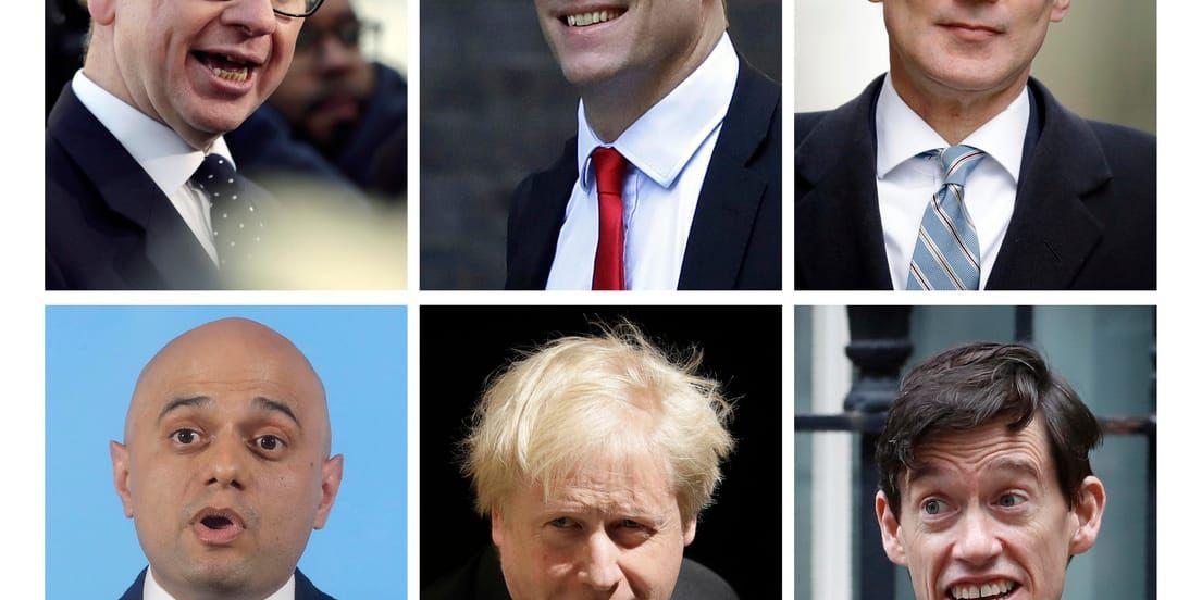 De sex kvarvarande kandidaterna till posten som ledare för Konservativa partiet: Michael Gove, Dominic Raab och Jeremy Hunt på övre raden och Sajid Javid, Boris Johnson och Rory Stewart på den nedre.