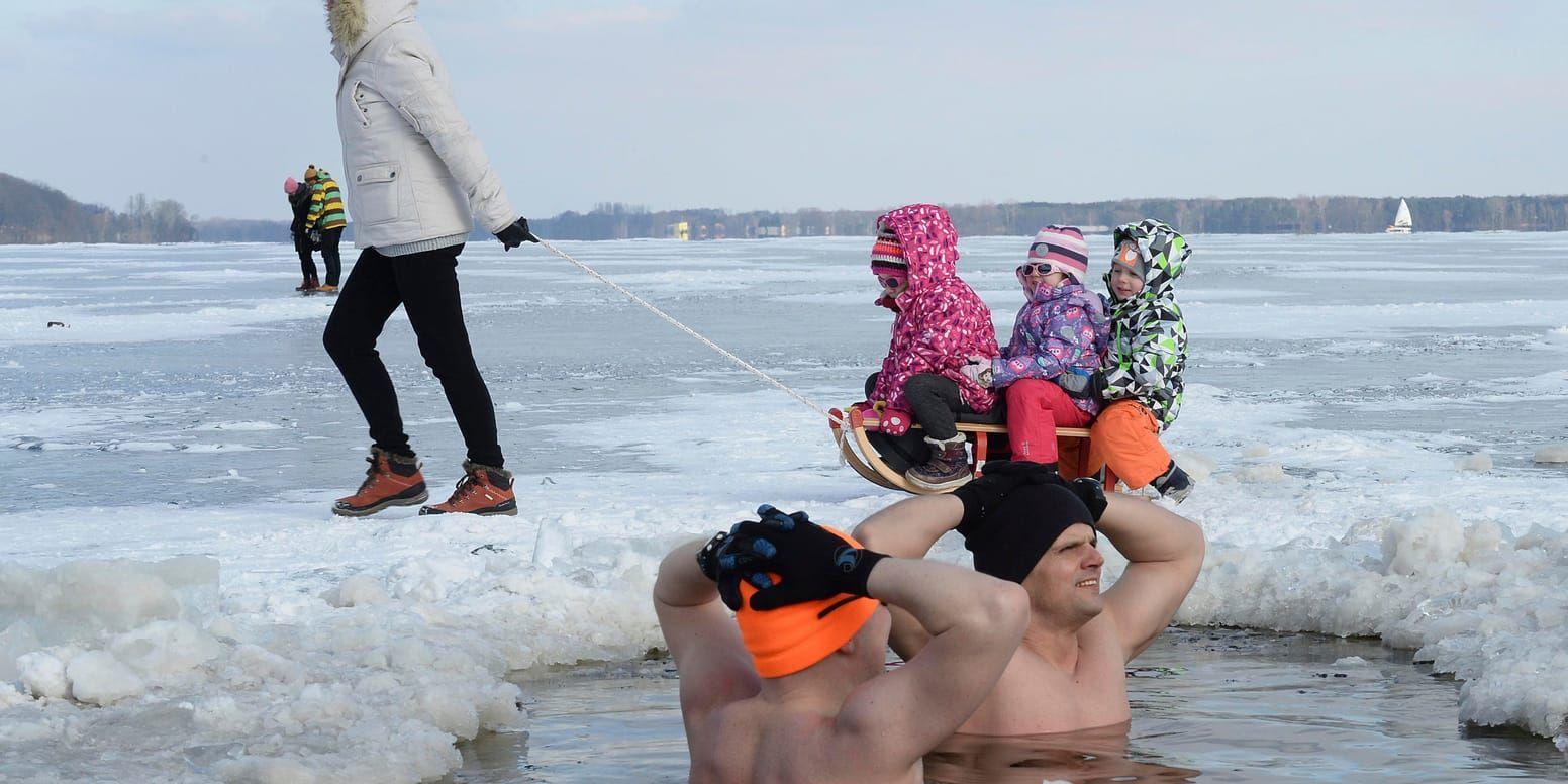 Minus 8 grader Celsius i luften avskräckte inte vinterbadare i Nieporet i Polen på söndagen.